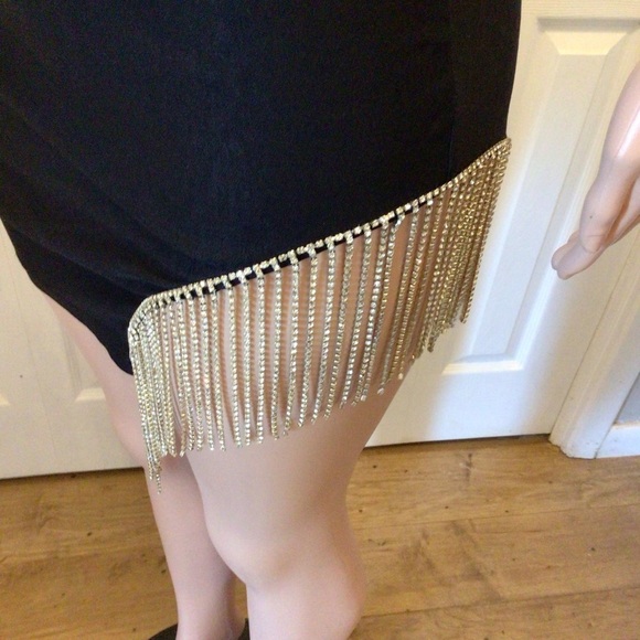 Papaya Womens Black Rhinestone Tasseled Mini Bodycon Dress Size Medium - Picture 5 of 8